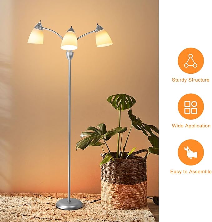 DINGLILIGHTING Floor Lamp Tall for Bedroom: Silver Standing Lamp Reading for Living Room Home Study Room Office - Modern Led Floor Light 3-Light Adjustable Flexible Gooseneck Metal Multi Head - LeafyLoom