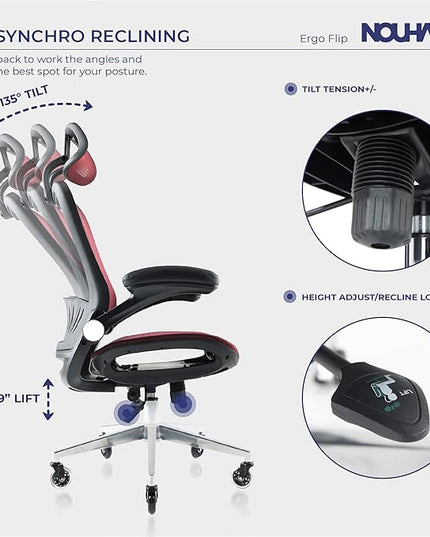 Nouhaus Ergonomic Mesh Office Chair with Flip Armrest, Adjustable Headrest, Lumbar Support & Blade Wheels, Executive Swivel Desk Computer Chair, Gaming Chair(ErgoFlip, Burgundy) - LeafyLoom