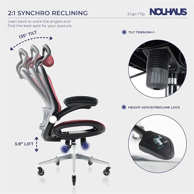 Nouhaus Ergonomic Mesh Office Chair with Flip Armrest, Adjustable Headrest, Lumbar Support & Blade Wheels, Executive Swivel Desk Computer Chair, Gaming Chair(ErgoFlip, Burgundy) - LeafyLoom