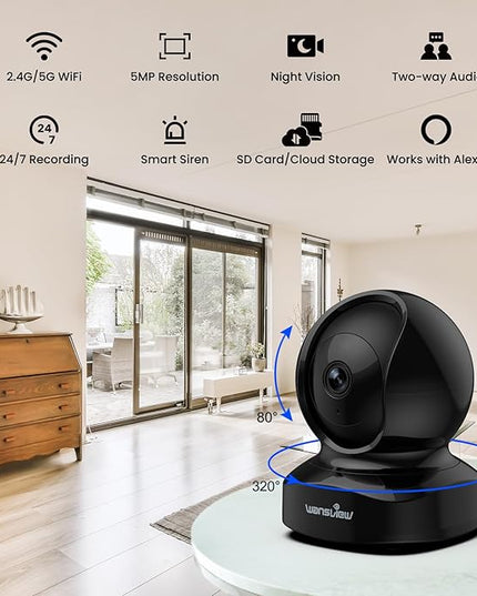 wansview Security Camera, IP Camera, WiFi Home Indoor Camera for Baby/Pet/Nanny, 2 Way Audio Night Vision, Compatible with Alexa, with TF Card Slot and Cloud, Q5 (Black, 5MP) Wansview