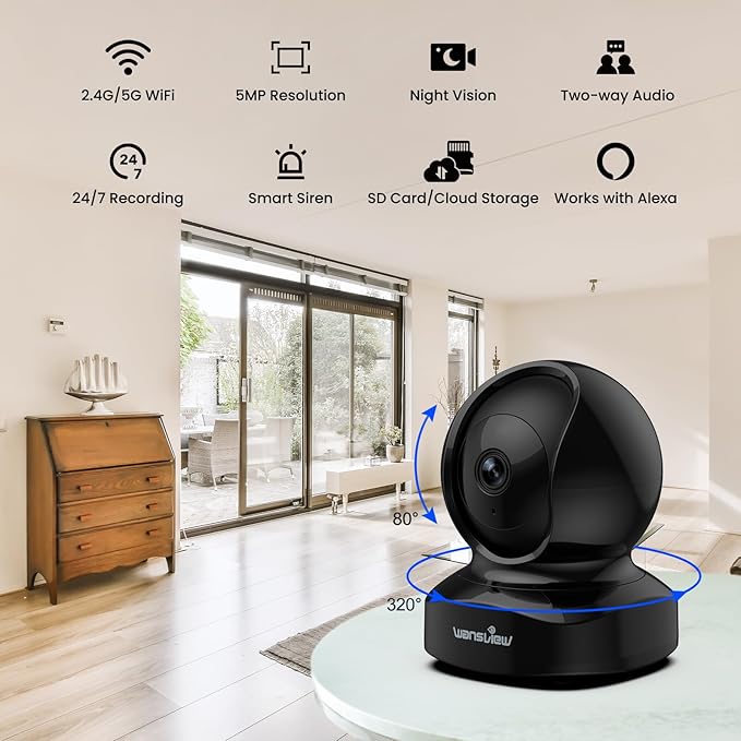 wansview Security Camera, IP Camera, WiFi Home Indoor Camera for Baby/Pet/Nanny, 2 Way Audio Night Vision, Compatible with Alexa, with TF Card Slot and Cloud, Q5 (Black, 5MP) Wansview