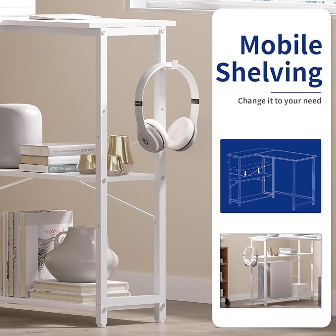 Pamray 43 Inch L Shaped Computer Desk with Reversible Side Storage Shelves, Small Corner Desk for Small Space Home Office,Writing Study Table PC Desk for Bedroom,White - LeafyLoom