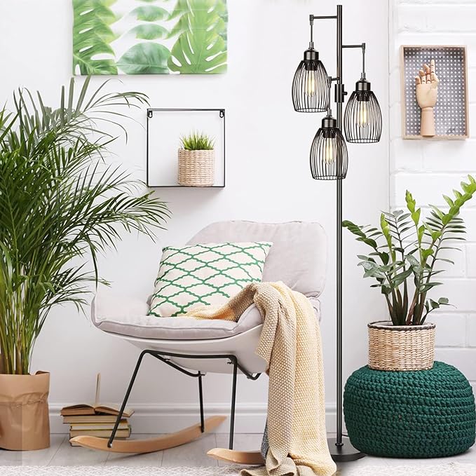 68’’ Dimmable Floor Lamp, 3 x 800LM LED Edison Bulbs Included, Industrial Floor Lamps for Living Room, Rustic Tall Lamps Standing Lamp for Bedrooms Living Room - LeafyLoom