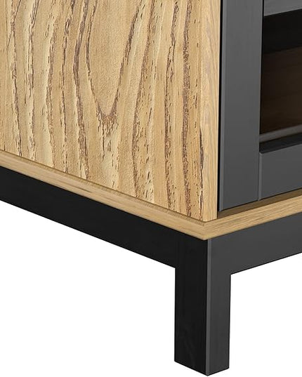 Home Wood Modern TV Stand for 55 60-inch TV with Doors - Entertainment Center with Storage Cabinets - TV Console, Media Console for Living Room -Light Wood and Black Console for Living Room or Bedroom - LeafyLoom