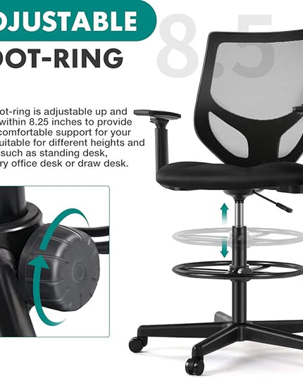 B0B744NKYL– Tall Drafting Chair - Tall Standing Office Desk Chair with Adjustable Foot Ring, Chair with Ergonomic Lumbar Support, Adjustable Height, Breathable Mesh color: DarkBlack - LeafyLoom