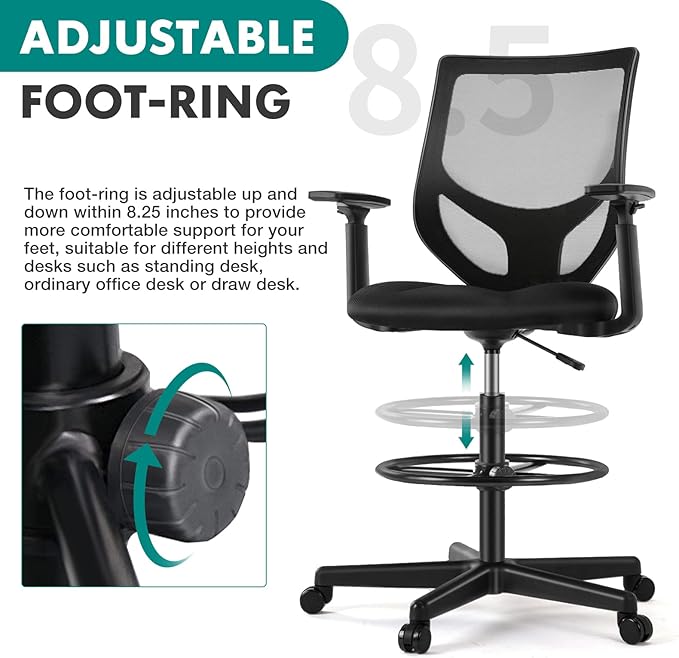 B0B744NKYL– Tall Drafting Chair - Tall Standing Office Desk Chair with Adjustable Foot Ring, Chair with Ergonomic Lumbar Support, Adjustable Height, Breathable Mesh color: DarkBlack - LeafyLoom