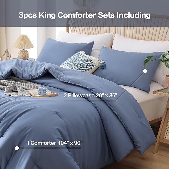 ROSGONIA King Size Comforter Set Slate Blue, 3pcs(1 Boho Comforter & 2 Pillowcases) Soft Lightweight Bedding Blanket All Season Bedspreads Quilt - LeafyLoom