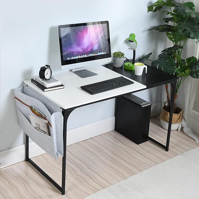 47 inch Study Storage Bag Space Saving for Home Office, Modern Simple Style PC Metal Frame Computer Desk, Writing Table, Black, White - LeafyLoom
