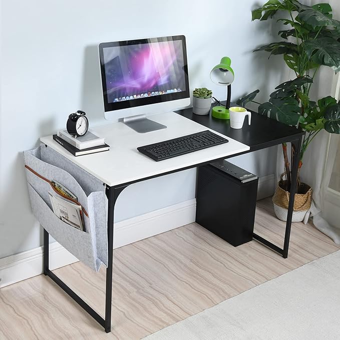 FurnitureR 39.4 inch Study Writing Table with Storage Bag Space Saving for Home Office, Modern PC Metal Frame Computer Desk, Black/White - LeafyLoom