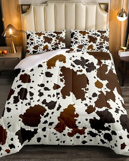 Cow Print Comforter Set King Size Cowhide Bedding Set for Boys Girls Man Women Bedroom Decor Brown Bull Cattle Skin Down Comforter Wildlife Fur Hair Farmhouse Animal Skin Duvet Set - LeafyLoom