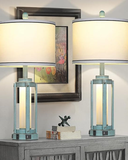 Farmhouse Lamps Set of 2, 26" Vintage Rustic Industrial Beside Lamps with USB A+C Charging Ports & AC Outlet, Nightstand Metal Lamp with LED Night Light & Fabric Shade for Living Room Bedrooms Blue - LeafyLoom
