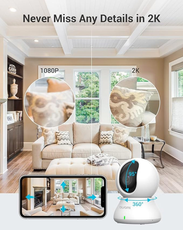 blurams Indoor Camera, 2K Pet Camera 360° Security Camera for Home Security with Phone App, Motion Tracking, 2-Way Audio, IR Night Vision, Siren, Works with Alexa & Google Assistant(2.4GHz ONLY) Blurams