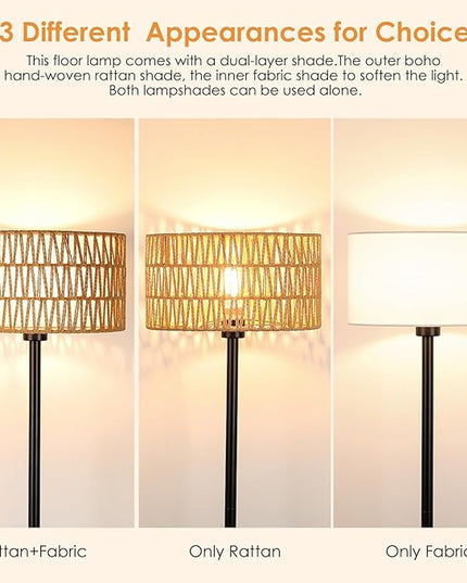 Rattan Floor Lamps for Living Room, Rattan Boho Floor Lamp, Black Metal Floor Lamp with LED Bulb, Rattan Fabric Double Shades, Farmhouse Rustic Floor Lamp, Standing Lamp for Living Room Bedroom Office - LeafyLoom