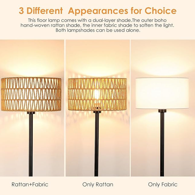 Rattan Floor Lamps for Living Room, Rattan Boho Floor Lamp, Black Metal Floor Lamp with LED Bulb, Rattan Fabric Double Shades, Farmhouse Rustic Floor Lamp, Standing Lamp for Living Room Bedroom Office - LeafyLoom