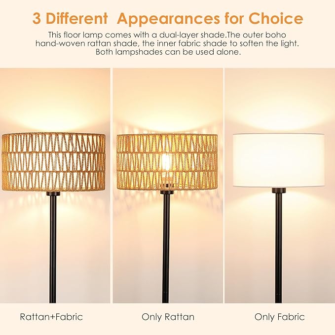Rattan Floor Lamps for Living Room, Rattan Boho Floor Lamp, Black Metal Floor Lamp with LED Bulb, Rattan Fabric Double Shades, Farmhouse Rustic Floor Lamp, Standing Lamp for Living Room Bedroom Office - LeafyLoom