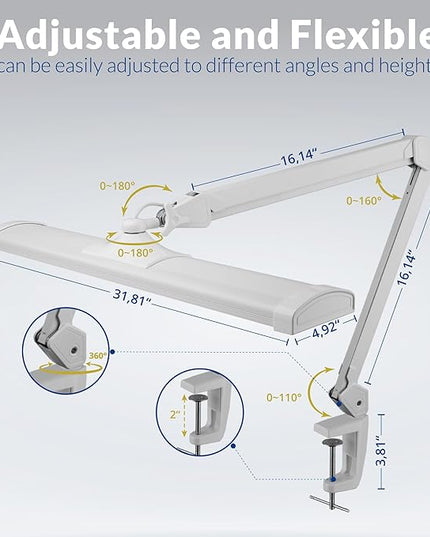 Ultra Bright 3900 Lumens Powerful Professional Eye Care LED Desk Lamp, Brightness Adjustable, Task Light for Home, Beauty, Crafting, Office, Workbench (Daylight, Dimming, White) - LeafyLoom