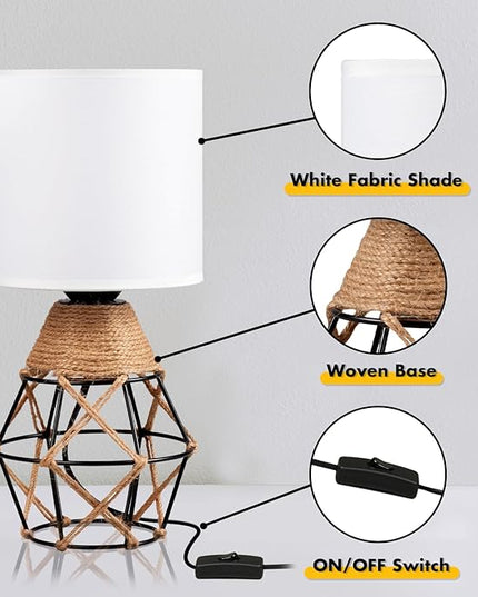 Hamilyeah Table Lamps Set of 2, Woven Lamps for Nightstand with On/Off Switch, Farmhouse Bedside Lamps with White Fabric Shade, Modern Simple Lamps for Bedroom, Living Room - LeafyLoom