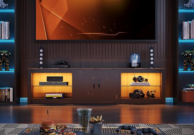 Bestier 70 Inch Led TV Stand for 75 Inch TV Large Entertainment Center Gaming with Adjustable Glass Shelves Two Cabinets Modern TV Console for Living Room 22 RGB Modes, Golden Black - LeafyLoom