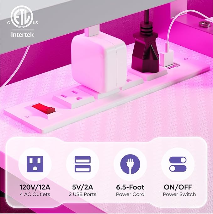Bestier White Gaming Desk with Power Outlet, 71.5 LED Computer Desk with Monitor Stand, Large L Shaped Desk with Adjustable Shelf, Cup Holder & Headset Hooks, Corner Study Desk for Bedroom - LeafyLoom