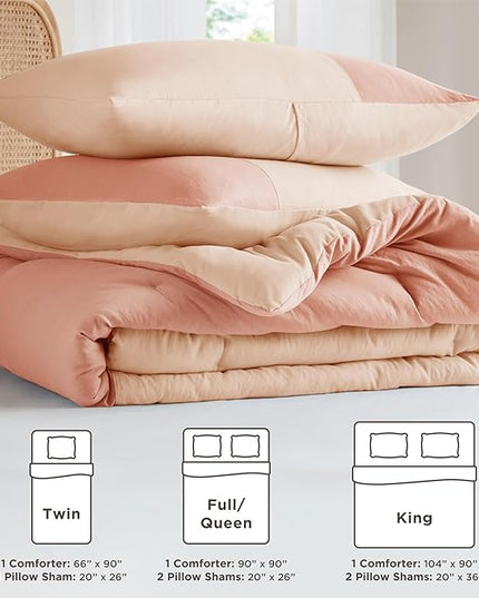 Pink King Size Comforter Set - Modern Farmhouse Soft Comforter Sets for Women, Colorblock Pattern Bed Sets for All Season, 3 Pieces includes 1 Comforter, 2 Shams (104"x 90") - LeafyLoom