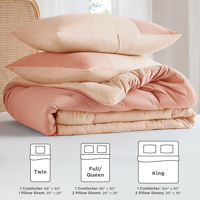 Pink King Size Comforter Set - Modern Farmhouse Soft Comforter Sets for Women, Colorblock Pattern Bed Sets for All Season, 3 Pieces includes 1 Comforter, 2 Shams (104"x 90") - LeafyLoom