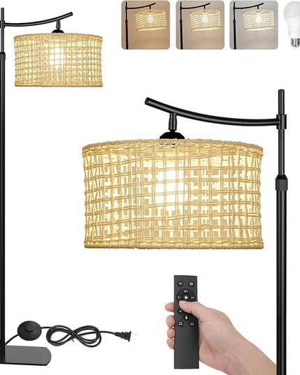 Arc Boho Farmhouse Black Floor Lamp, Standing Lamp with Rattan & Fabric Double Shade with Remote Control, Dimmable LED Bulb with 7 Color Temperature, Tall Pole for Living Room Bedroom Corner Office - LeafyLoom