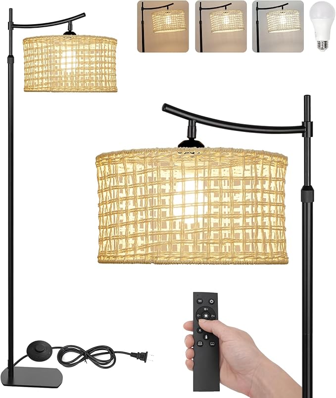 Arc Boho Farmhouse Black Floor Lamp, Standing Lamp with Rattan & Fabric Double Shade with Remote Control, Dimmable LED Bulb with 7 Color Temperature, Tall Pole for Living Room Bedroom Corner Office - LeafyLoom