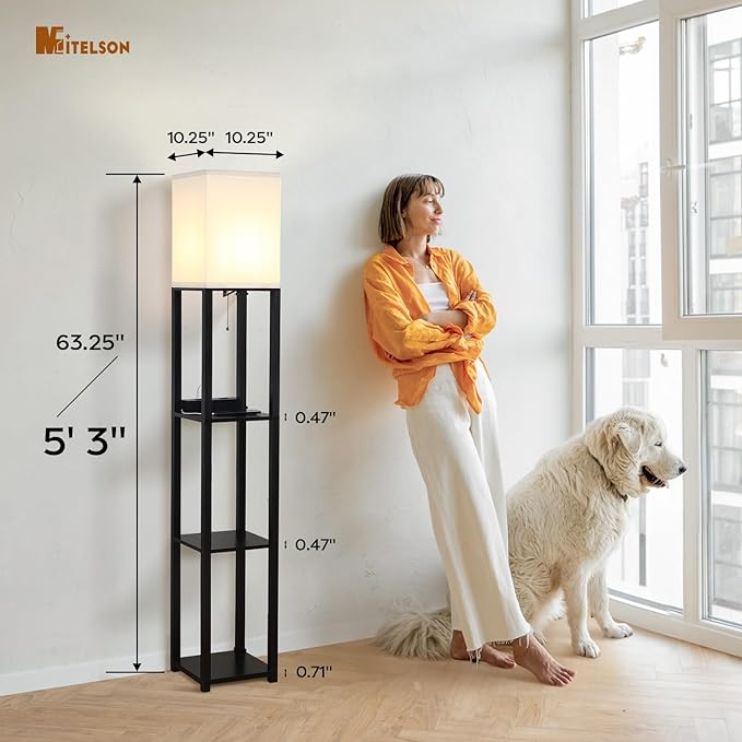 Lamptron 63" Standing Lamp,Lamp for Bedroom with Shelves and USB, USB-C & Power Outlets, Tall Lamp with Charging Station, lamps for living room,Sturdy Floor Lamp for Office (Black) - LeafyLoom