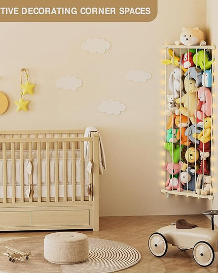 Stuffed Animal Storage Toy Organizer: Corner Stuff Animals Holder for Wall with LED Light - Kids Plush Toys Storage with Adjustable Length for Nursery Playroom Bedroom Kids Room(Beige) - LeafyLoom