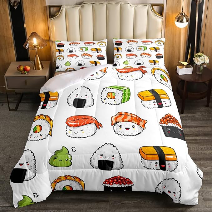 Sushi Pattern Comforter Set Japanese-Style Bedding Set for Kids Boys Girls Teens Food Theme Comforter Cute Cartoon Japanese Sushi Duvet Set Room Decor Quilt Set King Size Microfiber - LeafyLoom