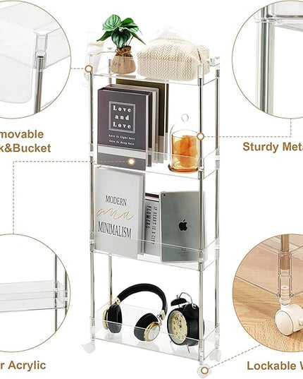 VECELO Acrylic 4-Tier Rolling Storage Cart,Multifunction Slim Utility Clear Cart Kitchen Storage Organizer,Mobile Cart with Lockable Wheels Hooks&Bucket for Home Office,Clear - LeafyLoom