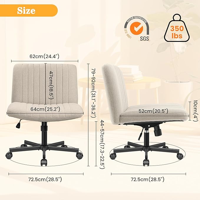 Armless Office Chair with Wheels, Ergonomic Wide Seat Fabric Cross Legged Desk Chair, Swivel Computer Chair for Home Office, Modern Vanity Chair Beige - LeafyLoom