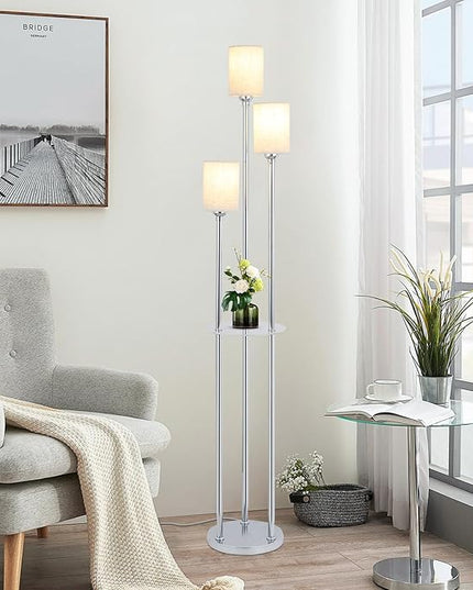 Floor Lamps for Living Room, 3-Lights Modern Floor Lamp with Shelves, Chrome Standing Lamp with Fabric Shade and Foot Switch, Shelf Standing Lamps with Table, Tall Lamps for Bedroom Office - LeafyLoom