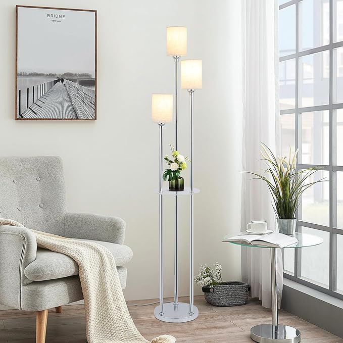 Floor Lamps for Living Room, 3-Lights Modern Floor Lamp with Shelves, Chrome Standing Lamp with Fabric Shade and Foot Switch, Shelf Standing Lamps with Table, Tall Lamps for Bedroom Office - LeafyLoom