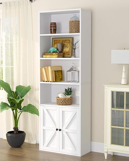 oneinmil 6 Tier Bookshelf and Bookcase, Wooden Bookshelves with Cabinet Doors, Floor Bookshelves and Office Storage Cabinets for Home Office, Living Room,White - LeafyLoom