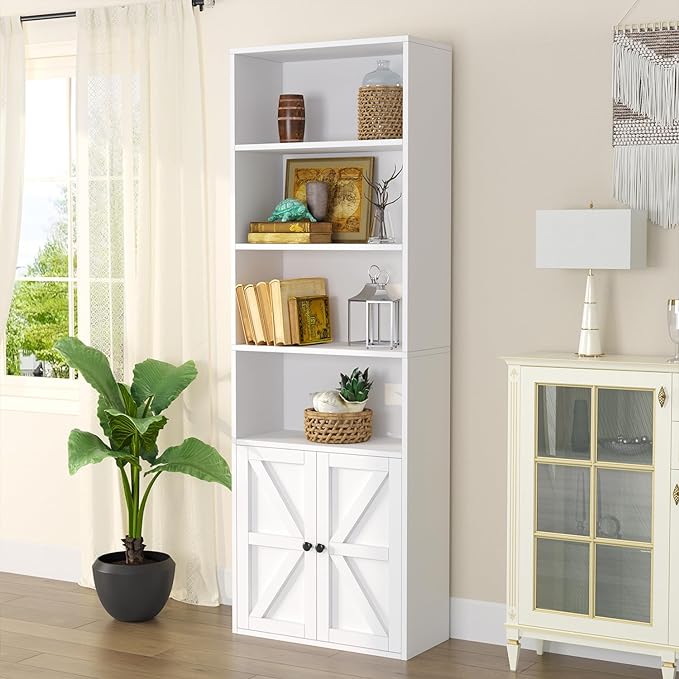oneinmil 6 Tier Bookshelf and Bookcase, Wooden Bookshelves with Cabinet Doors, Floor Bookshelves and Office Storage Cabinets for Home Office, Living Room,White - LeafyLoom