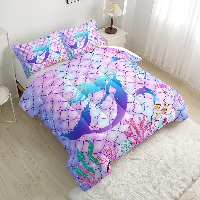 CVHOUSE Mermaid Comforter Set,Rainbow Mermaid Bedding Set for Girls Kids Teens,Rainbow Mermaid Comforter Mermaid Duvet Set Room Decor Quilt Set Full Size - LeafyLoom
