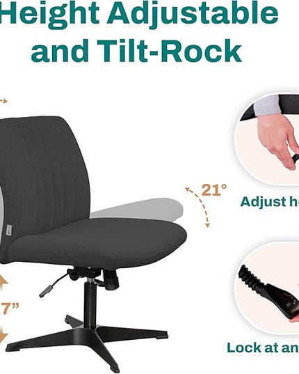 Criss Cross Desk Chair - Wide Armless Office Chair No Wheels, Cross Legged Office Chair, Adjustable Modern 360 Swivel Vanity, Fabric Padded,120° Rocking Ergonomic Mid Back Computer - Black - LeafyLoom