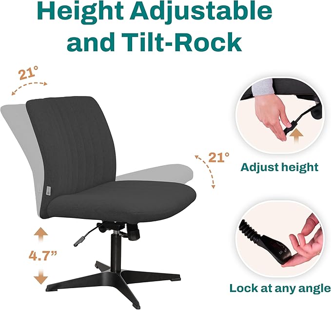 Criss Cross Desk Chair - Wide Armless Office Chair No Wheels, Cross Legged Office Chair, Adjustable Modern 360 Swivel Vanity, Fabric Padded,120° Rocking Ergonomic Mid Back Computer - Black - LeafyLoom
