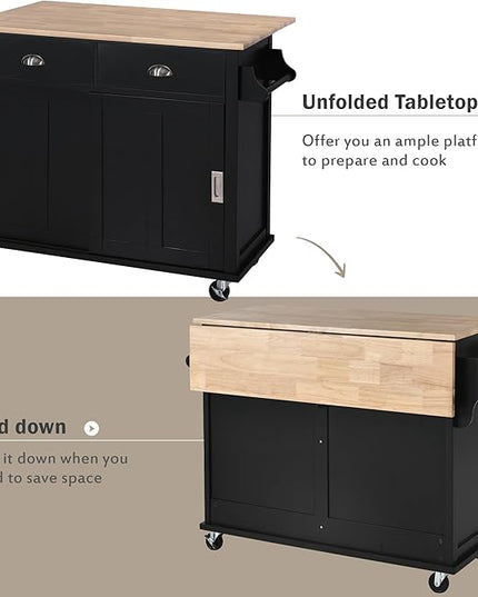 Kitchen Island with Storage, Rolling Table on Wheels w/Storage Cabinet and 2 Drawers for Dinning Room, Rubber Wood Contertop - LeafyLoom