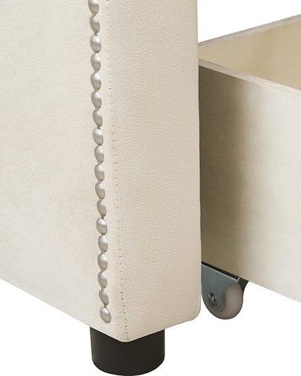 Twin Size Velvet Upholstered Daybed with Drawers, Solid Wood Sofa Bed w/Vertical Stripes Designed Backrest and Pine Legs, for Living Room, Bedroom, Dorm, No Box Spring Needed, Beige - LeafyLoom