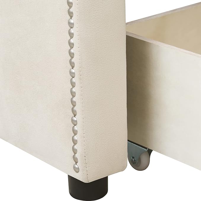 Twin Size Velvet Upholstered Daybed with Drawers, Solid Wood Sofa Bed w/Vertical Stripes Designed Backrest and Pine Legs, for Living Room, Bedroom, Dorm, No Box Spring Needed, Beige - LeafyLoom