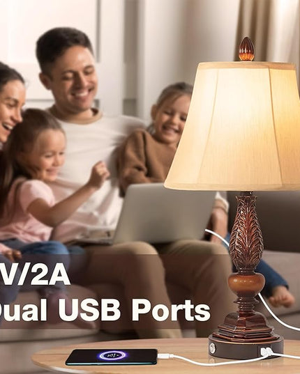 Set of 2 Bedroom Lamps,3-Way Dimmable Rustic Touch Table Lamps for Nightstand,Farmhouse Bedside Vintage Lamps with Dual USB Charging Ports for Living Room (Bulbs Included/Retro Bronze) - LeafyLoom
