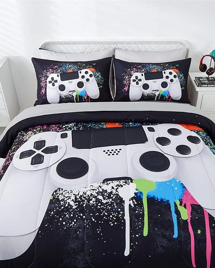 KAKKI 4 Piece Boys Twin Gamer Comforter Set with Sheets, 3D Colorful Video Game Controller Comforter for Kids Teen, All Season Soft Microfiber Gaming Bedding Set(White,Twin) - LeafyLoom