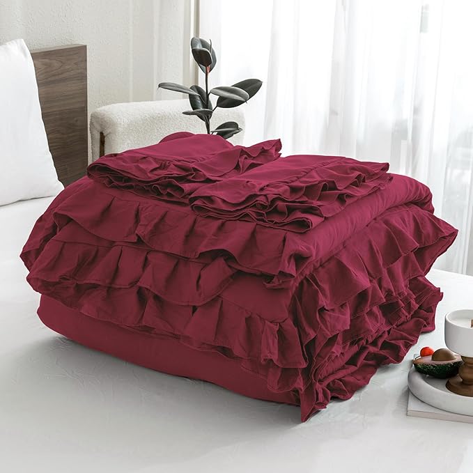 Andency Burgundy Comforter Set King, 3 Pieces Farmhouse Shabby Chic Ruffle Comforter, Lightweight Fluffy Soft Microfiber All Season Solid Bed Comforter Set (1 Ruffle Comforter & 2 Pillowcases) - LeafyLoom