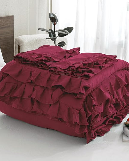 Andency Burgundy Comforter Set Queen Size, 3 Pieces Shabby Chic Ruffle Bedding Comforter Sets for Queen Bed, Lightweight Fluffy Soft Microfiber Farmhouse Comforter Set - LeafyLoom