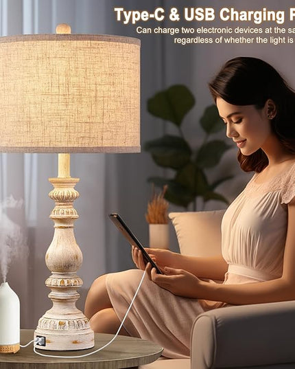 Farmhouse Bedside Table Lamps Set of 2, Bedroom Lamps for Nightstand with USB A+C Ports, 28” Rustic Vintage Living Room Lamps with Rotary Switch - Bulb Not Included - LeafyLoom