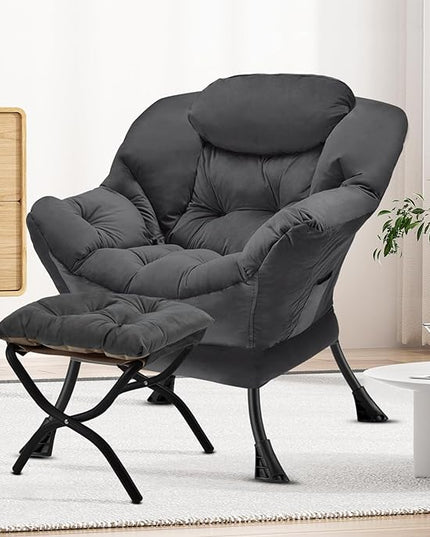 Lazy Chair with Folding Ottoman Modern Large Accent Chair,Contemporary Lounge Leisure Sofa Chair with Armrests Upholstered Sofa Armchair Reading Chair for Bedroom,Dorm & Office,Dark Grey - LeafyLoom