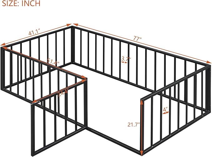 RITSU Twin Size Metal Floor Fence Bed, Montessori Bedframe, with Safety Guardrail and Door, for Children Bedroom, Boys Girls, Apartment, Strong & Durable, Easy to Assemble, Black - LeafyLoom
