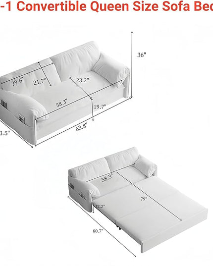Oversized 3 in 1 Loveseat Sleeper Sofa Bed,Queen Size Love Seats W/Pull Out Couch and Padded Armrests Convertible Spacious Sofabed with Side Storage Pocket for Home Office Apartment Living Room - LeafyLoom